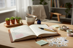 Open journal with handwritten notes, a gold fountain pen, ink bottle, and coffee on a desk.