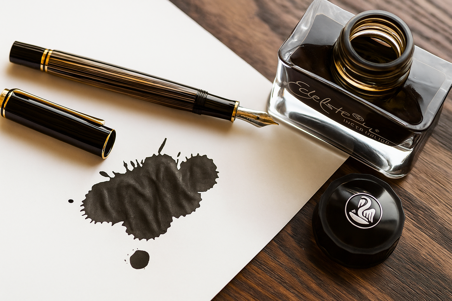 Black fountain pen with Edelstein India Halcyon ink bottle and ink blot on white paper.