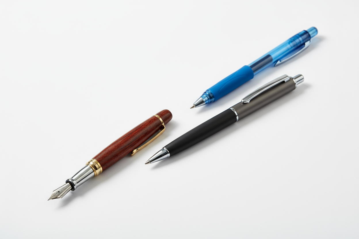 Wooden fountain pen, blue ballpoint pen, and black rollerball pen on a white background.