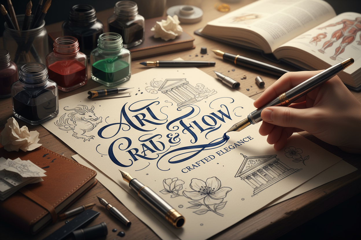Hand writing elegant calligraphy with a fountain pen and ink bottles on a desk.