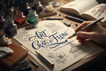 Hand writing elegant calligraphy with a fountain pen and ink bottles on a desk.