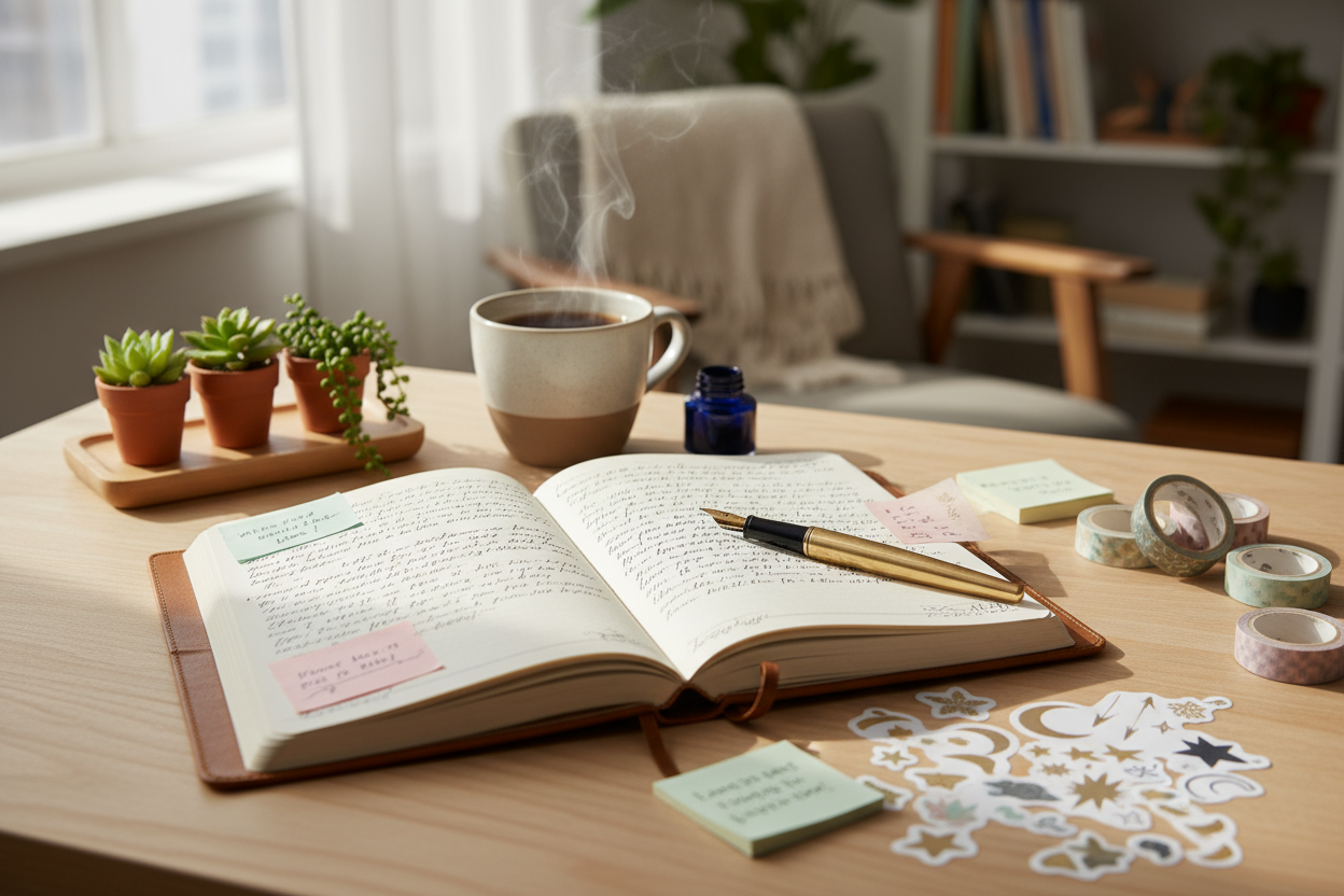 Open journal with handwritten notes, a gold fountain pen, ink bottle, and coffee on a desk.