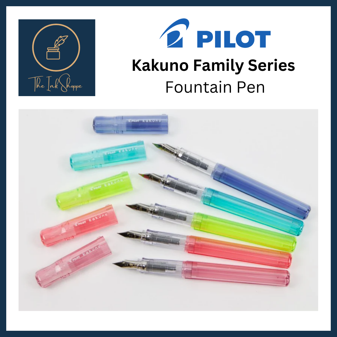 Five Pilot Kakuno Family Series fountain pens in blue, teal, lime, red and pink