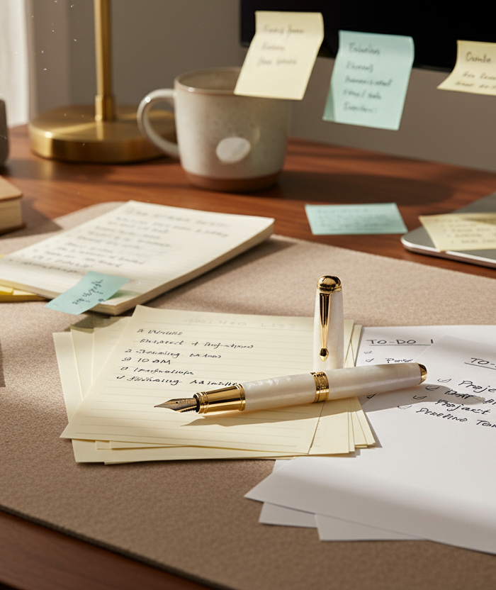 desk with notes, memos featuring JINHAO 82 Fountain Pen 
