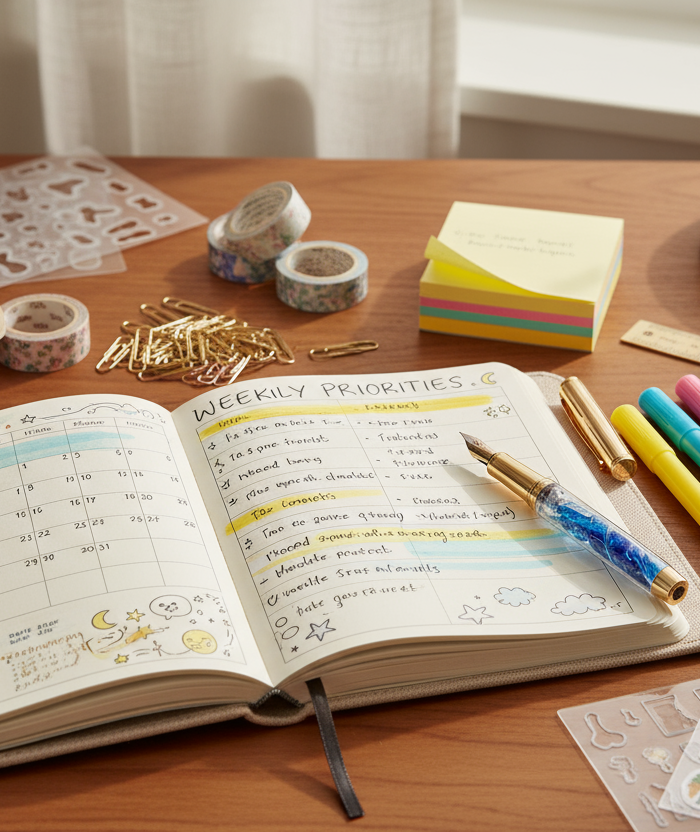 show some sample journal like it's done then add fountain pen, and other journaling tools